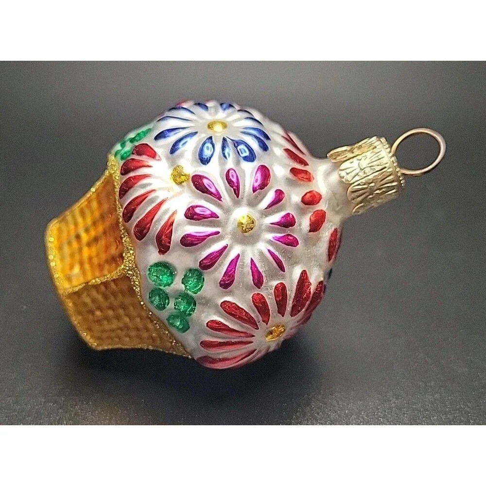 Vintage Czech Republic Blown Glass Flower Basket Christmas Ornament Mini 2.5”